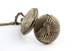 Vintage Bronze Eagle & Flag Quartz Pocket Watch Necklace Pendant